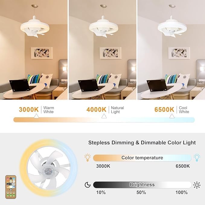 LED Ceiling Fan Light with Acrylic Shade and Remote Control, 360° Rotation, 3 Speeds, 3 Colors, Low Profile Oscillating Ventilateur, Timer and Adjustable Modern Ceiling Lighting