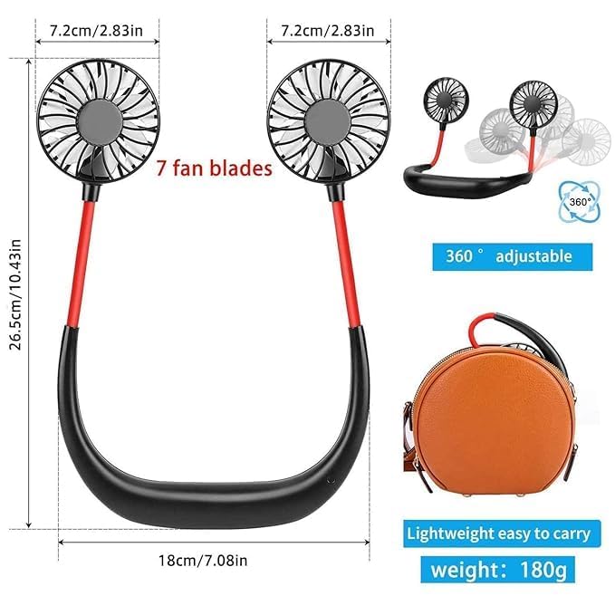 Personal Neck Cooling Fan – USB Rechargeable 1200mAh, 3 Speed Hands-Free Fan for Outdoor, Office, Gym & Travel