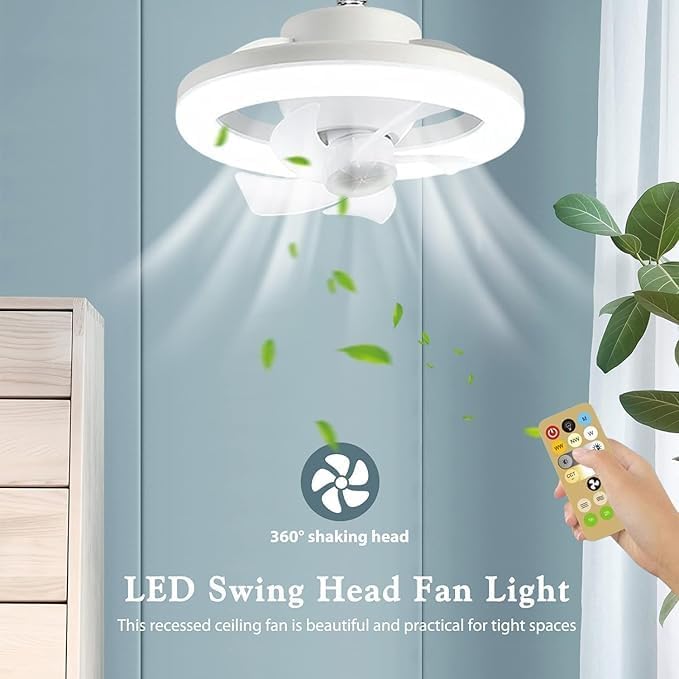 LED Ceiling Fan Light with Acrylic Shade and Remote Control, 360° Rotation, 3 Speeds, 3 Colors, Low Profile Oscillating Ventilateur, Timer and Adjustable Modern Ceiling Lighting