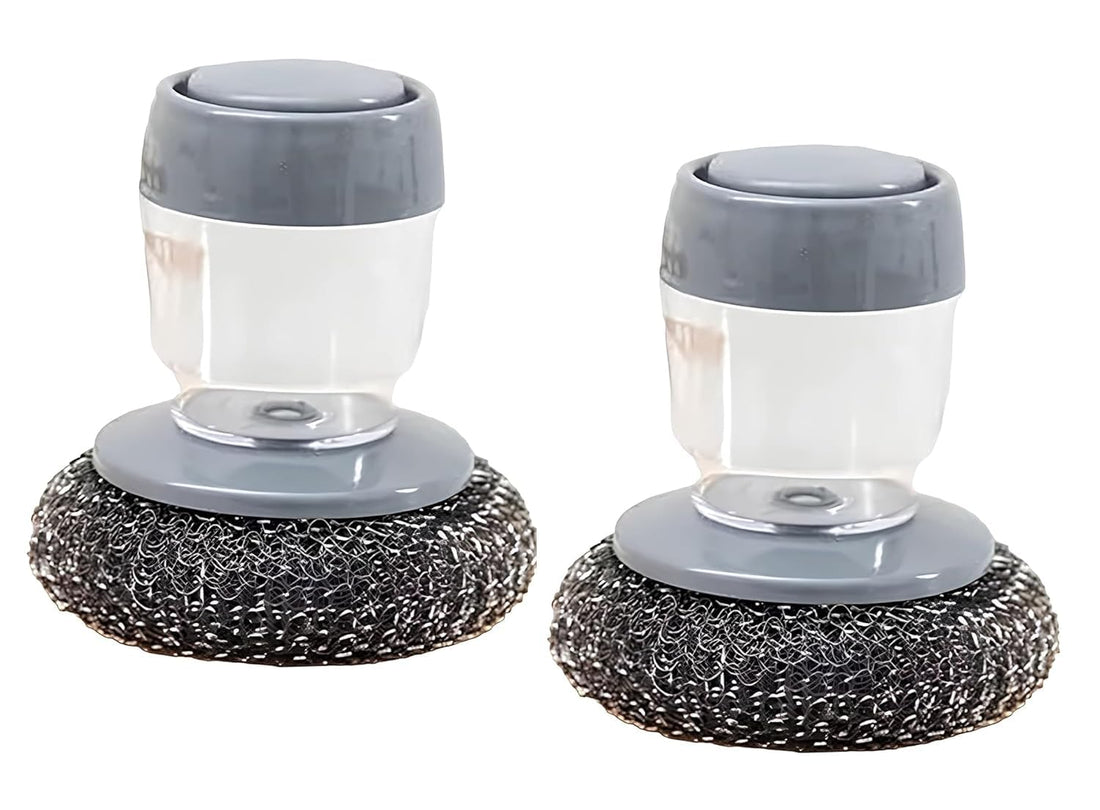 Kitchen Soap Dispensing Palm Brush with Replaceable Scrubber & Steel Wire Ball | Push-Button Liquid Dispenser, Non-Slip Handle, Rust-Resistant Dish Cleaning Brush for Sink, Pots & Pans (Pack of 1)