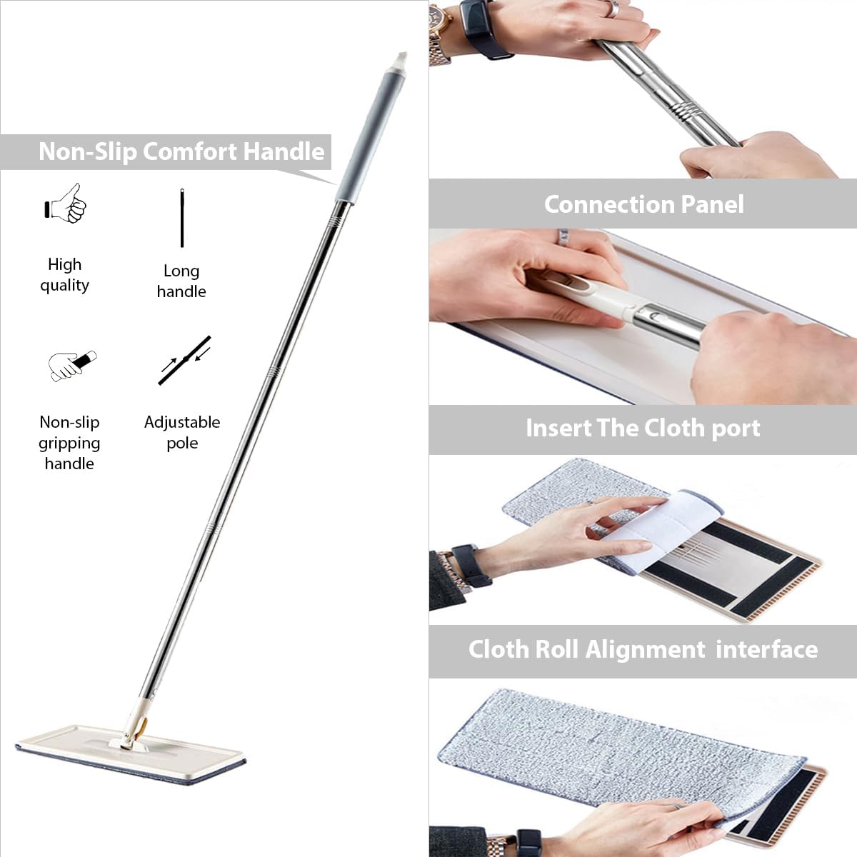 Mop Heavy Quality Floor with Bucket, Flexible Kitchen tap Flat Squeeze Cleaning Supplies 360 Flexible Head/2 Reusable Pads Clean Home Effective for Floor Cleaning