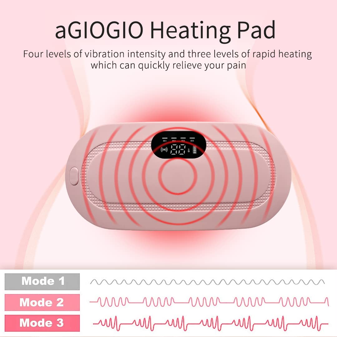 Portable Cordless Heating Pad for Menstrual Cramps Relief, for Stomach, 3-Speed Temperature Adjustment and 4-Speed Massage Modes, Back and Belly Heating Pad for Women Pink Color