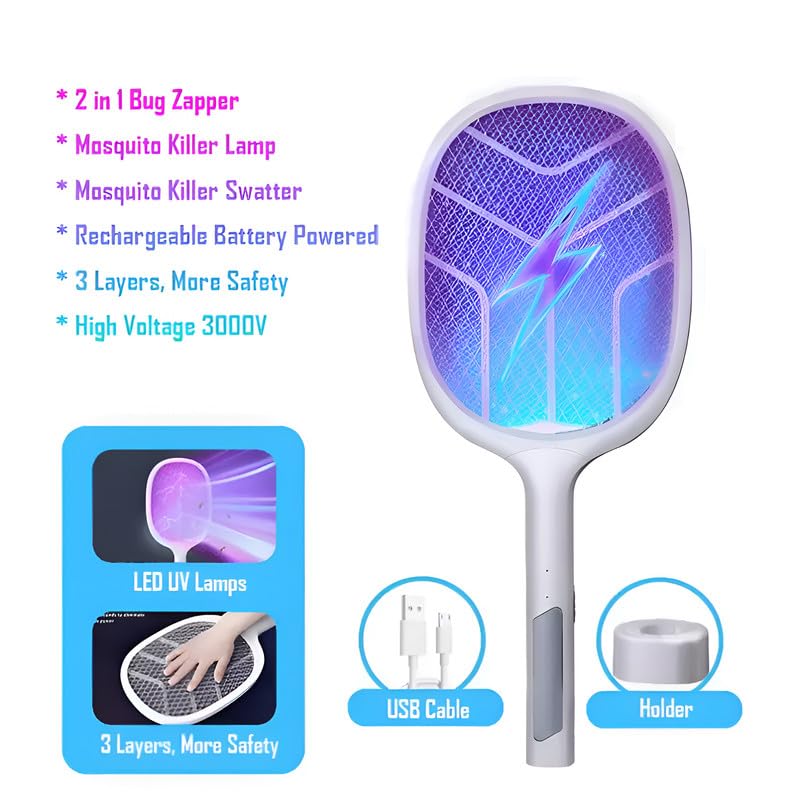 Mosquito Bat with UV Light Lamp Five Nights Mosquito Killer Autokill 2 in 1 Mosquito Racket 1200mAh Lithiumion Rechargeable Battery White Racket (Battery) 6