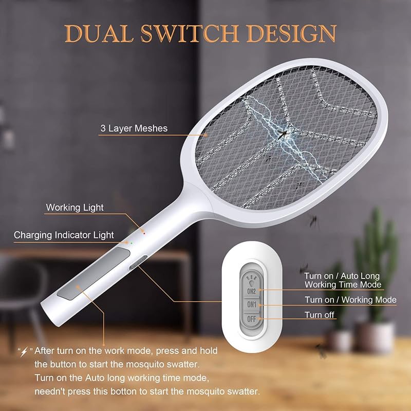 Mosquito Bat with UV Light Lamp Five Nights Mosquito Killer Autokill 2 in 1 Mosquito Racket 1200mAh Lithiumion Rechargeable Battery White Racket (Battery) 6