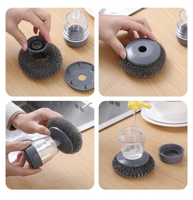 Kitchen Soap Dispensing Palm Brush with Replaceable Scrubber & Steel Wire Ball | Push-Button Liquid Dispenser, Non-Slip Handle, Rust-Resistant Dish Cleaning Brush for Sink, Pots & Pans (Pack of 1)