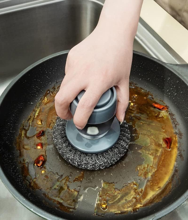 Kitchen Soap Dispensing Palm Brush with Replaceable Scrubber & Steel Wire Ball | Push-Button Liquid Dispenser, Non-Slip Handle, Rust-Resistant Dish Cleaning Brush for Sink, Pots & Pans (Pack of 1)