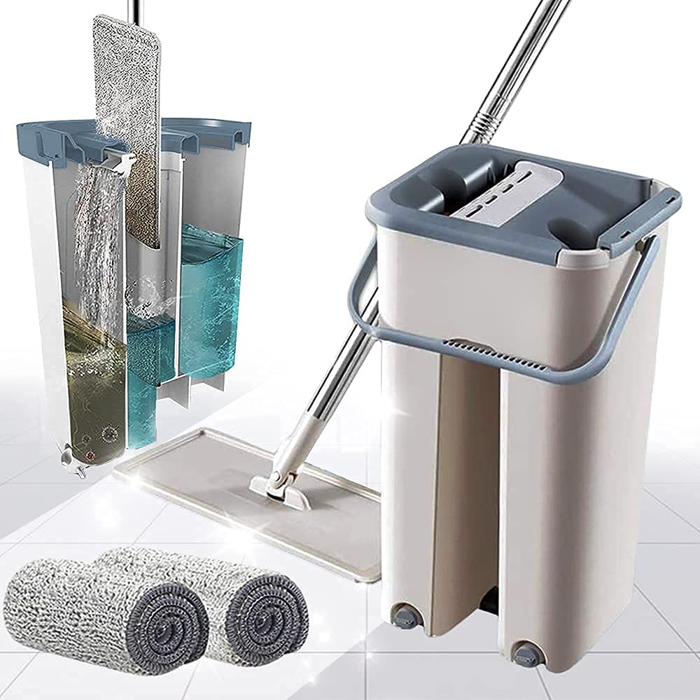 Mop Heavy Quality Floor with Bucket, Flexible Kitchen tap Flat Squeeze Cleaning Supplies 360 Flexible Head/2 Reusable Pads Clean Home Effective for Floor Cleaning