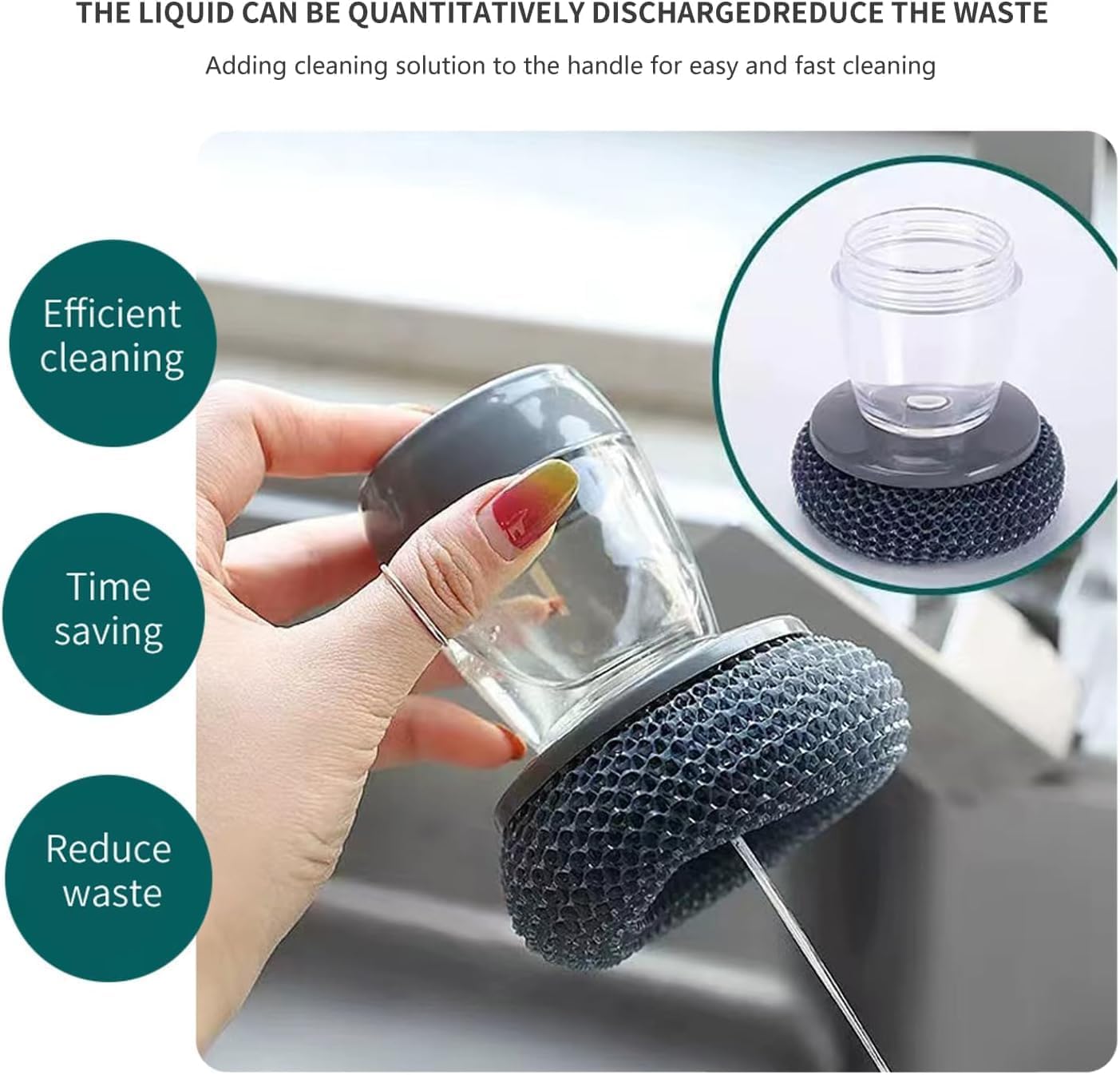 Kitchen Soap Dispensing Palm Brush with Replaceable Scrubber & Steel Wire Ball | Push-Button Liquid Dispenser, Non-Slip Handle, Rust-Resistant Dish Cleaning Brush for Sink, Pots & Pans (Pack of 1)
