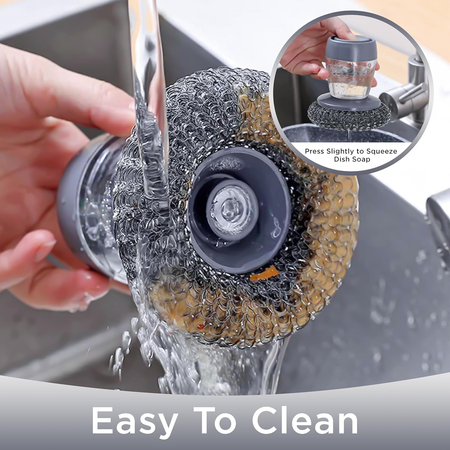Kitchen Soap Dispensing Palm Brush with Replaceable Scrubber & Steel Wire Ball | Push-Button Liquid Dispenser, Non-Slip Handle, Rust-Resistant Dish Cleaning Brush for Sink, Pots & Pans (Pack of 1)