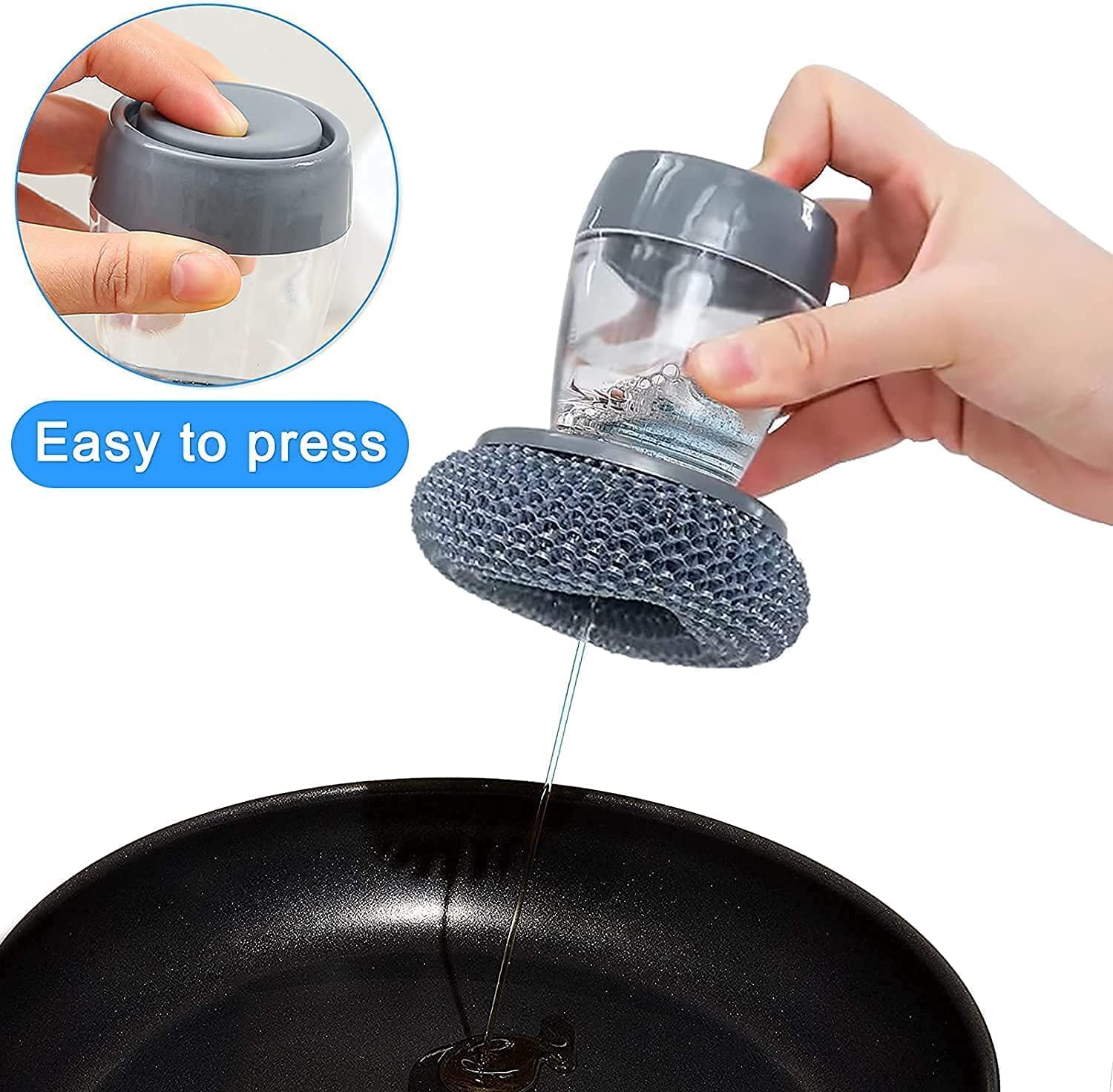 Kitchen Soap Dispensing Palm Brush with Replaceable Scrubber & Steel Wire Ball | Push-Button Liquid Dispenser, Non-Slip Handle, Rust-Resistant Dish Cleaning Brush for Sink, Pots & Pans (Pack of 1)