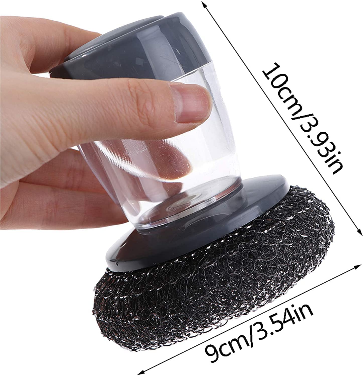 Kitchen Soap Dispensing Palm Brush with Replaceable Scrubber & Steel Wire Ball | Push-Button Liquid Dispenser, Non-Slip Handle, Rust-Resistant Dish Cleaning Brush for Sink, Pots & Pans (Pack of 1)