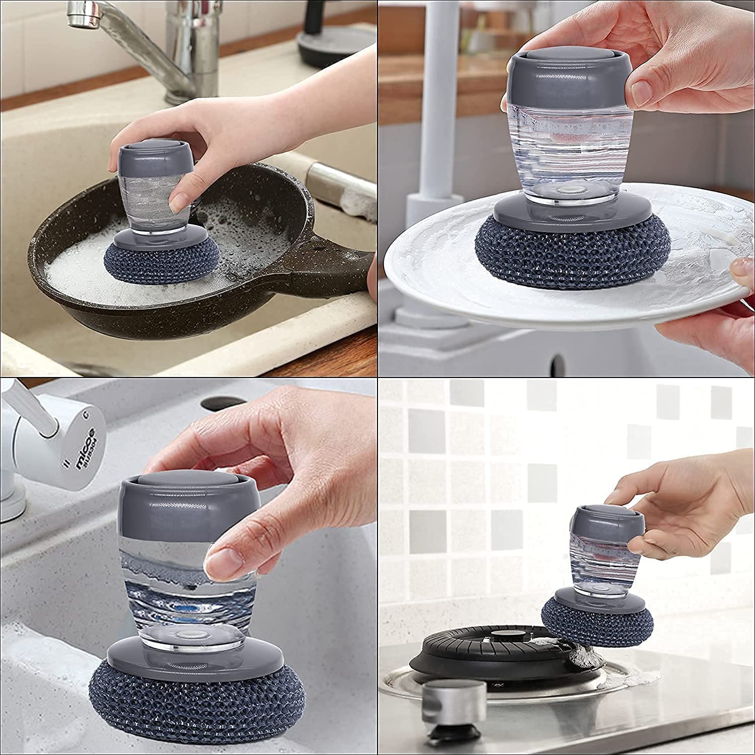 Kitchen Soap Dispensing Palm Brush with Replaceable Scrubber & Steel Wire Ball | Push-Button Liquid Dispenser, Non-Slip Handle, Rust-Resistant Dish Cleaning Brush for Sink, Pots & Pans (Pack of 1)