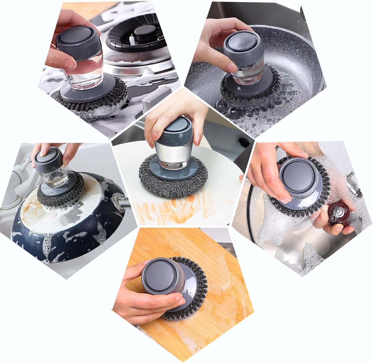 Kitchen Soap Dispensing Palm Brush with Replaceable Scrubber & Steel Wire Ball | Push-Button Liquid Dispenser, Non-Slip Handle, Rust-Resistant Dish Cleaning Brush for Sink, Pots & Pans (Pack of 1)
