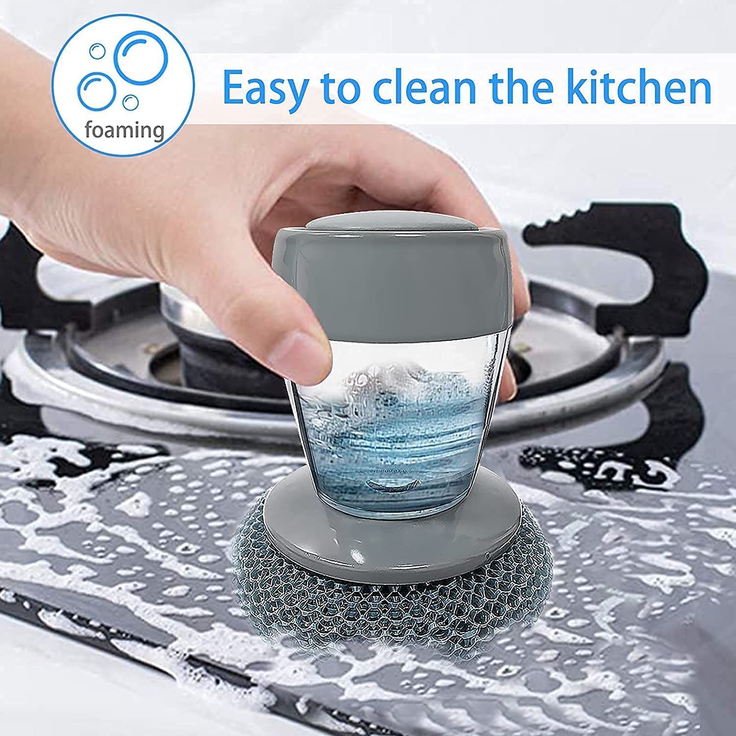 Kitchen Soap Dispensing Palm Brush with Replaceable Scrubber & Steel Wire Ball | Push-Button Liquid Dispenser, Non-Slip Handle, Rust-Resistant Dish Cleaning Brush for Sink, Pots & Pans (Pack of 1)