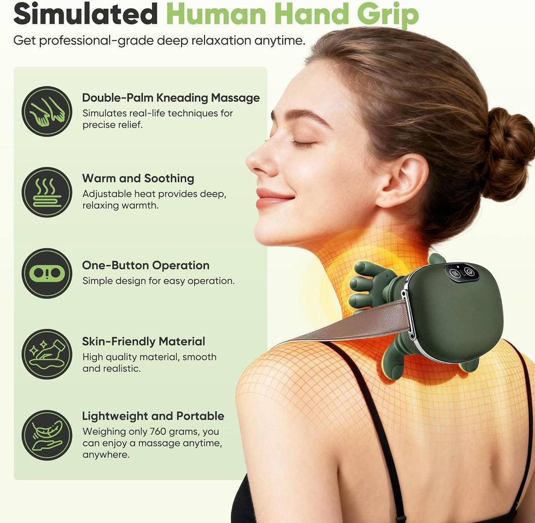 Bionic Heated Massager, Wireless Portable Shiatsu Neck and Back Massager, Electric Deep Tissue 4D Kneading Massage, Simulated Human Hand Design for Pain Relief and Muscle Relax